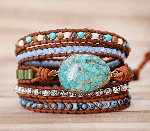 Boho Wrap Bracelet for Women, Handmade Natural Imperial Jasper Multi-Layer Stone Beaded Bracelet, Bohemian Healing Crystal Stone Jewelry Gifts - color: Green Opal