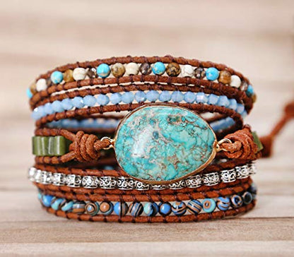 Boho Wrap Bracelet for Women, Handmade Natural Imperial Jasper Multi-Layer Stone Beaded Bracelet, Bohemian Healing Crystal Stone Jewelry Gifts - color: Green Opal