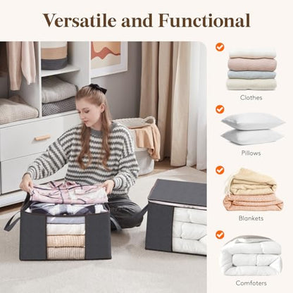 Lifewit 3 Pack 60L Clothes Storage Bins with Lids, Foldable Blanket Storage Bags with Zippers, Clear Window and Reinforced Handles, Closet and Organization for Clothing, Sweater, Comforter, Bedding - size: 60L