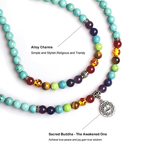 108 Mala Beads Necklace 7 Chakra Tree of Life Pendant Prayer Buddha Bracelets Healing Stone Yoga Men Women Jewelry - color: Turquoise-OM-Buddha-8MM