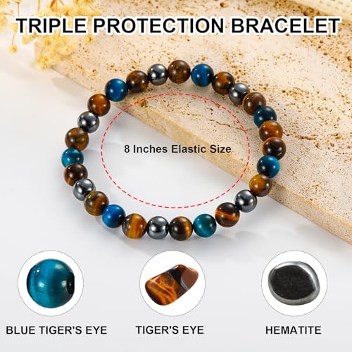 Gnamy Crystal Bracelet Gifts for Men Him- Triple Protection Hematite Black Obsidian Tiger Eye Gemstone Beaded Bracelets Birthday Healing Jewelry Gifts - style: Style 3