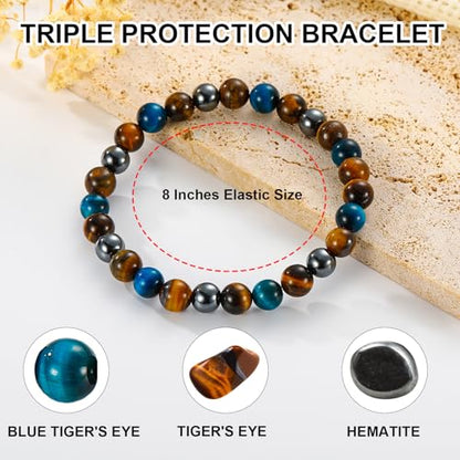 Gnamy Crystal Bracelet Gifts for Men Him- Triple Protection Hematite Black Obsidian Tiger Eye Gemstone Beaded Bracelets Birthday Healing Jewelry Gifts - style: Style 3