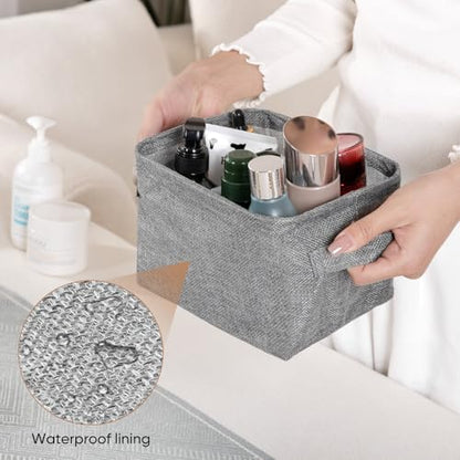 Small Storage Basket Bins Canvas Mini Storage Cubes Storage Basket for Makeup, Baby Toys Liners, Books Nursery Storage Baskets with Handles for Shelves & Desks (3 Jute Gray)
