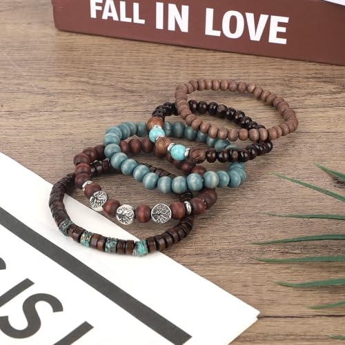 Mikovivi Beaded Bracelets for Women, Multilayer Boho Western Turquoise Bracelets Stackable Bohemian Bead Elastic Jewelry Gifts for Women Men