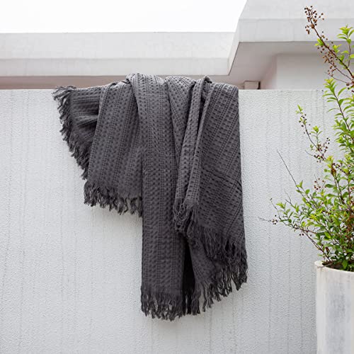 100% Cotton Waffle Blanket with Fringe, Pre-Washed Waffle Weave Blanket for All Season, Lightweight Breathable Soft Cozy Throw Blanket for Couch, Bed, Travel (Grey - 50x60 Inches) - color: Grey, size: Throw-50'' x 60''