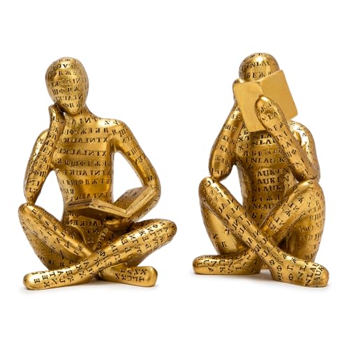 Antique Gold Reading Thinker Statue, Set of 2 Bookshelf Decor Abstract Art Thinker Sculptures, Modern Aesthetic Figurine Home Decoration Ornaments for Living Room Office Shelf Coffee Table Desk Decor - color: Antique Gold Set of 2