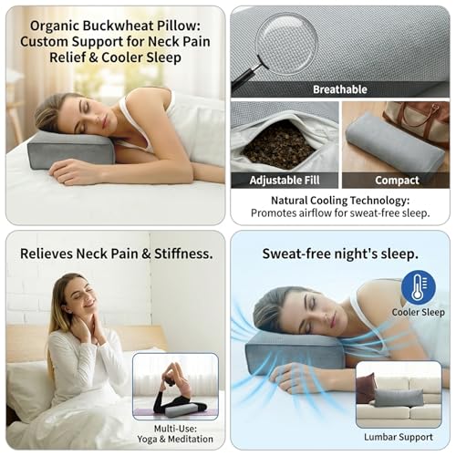 Buckwheat Pillow & Cervical Pillows for Sleeping (21x8x3inch) 100% Organic Coarse Cloth Package w Organic Buckwheat Hulls, Natural Cooling Technology and Relieve Cervical Pain. (C-Gray) - color: C-gray