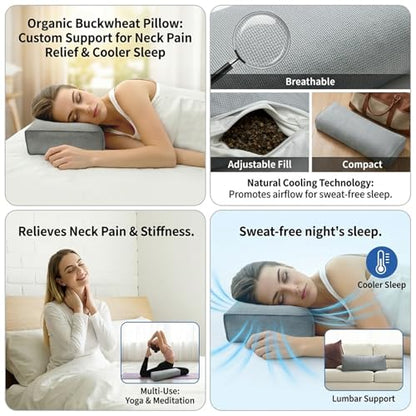 Buckwheat Pillow & Cervical Pillows for Sleeping (21x8x3inch) 100% Organic Coarse Cloth Package w Organic Buckwheat Hulls, Natural Cooling Technology and Relieve Cervical Pain. (C-Gray) - color: C-gray