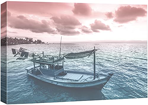 wall26 Canvas Print Wall Art Film Grain Pink & Teal Boat & Clouds Marine Life Ocean Photography Realism Modern Scenic Colorful Multicolor Duotone for Living Room, Bedroom, Office - 12"x18" - color: Bse27-2107-001-fo287, size: 18"L x 12"W
