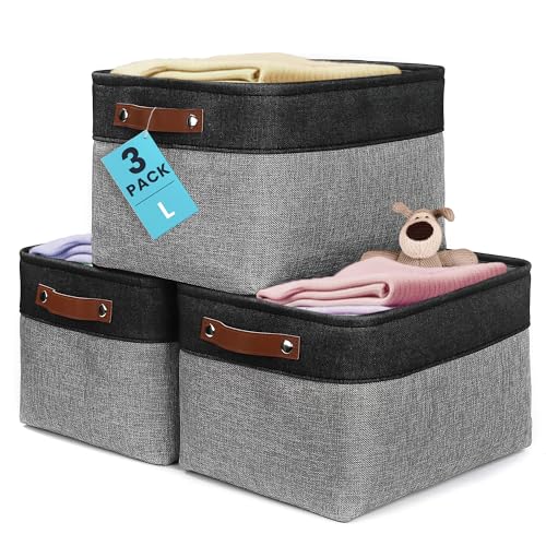 OrganiHaus 15x11in Canvas Storage Baskets 3 Pack | LARGE Fabric Bins for Shelves | Closet & Bedroom Storage | Gray/Black - color: Gray / Black, size: Large - 3pc