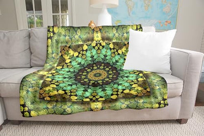 3dRose Mandala 29 Floral Flowers Green Turquoise Gold Glowing Peace Meditation Silktouch Minky Blanket