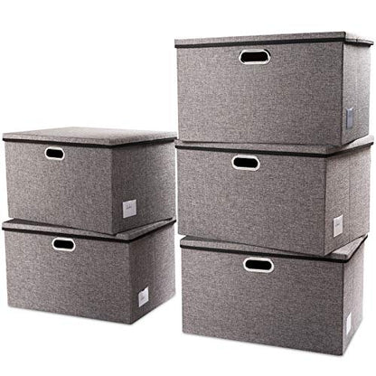 Extra Large Collapsible Storage Bins with Lids [5-Pack] Linen Fabric Foldable Storage Baskets Boxes Organizer Containers Cube with Cover for Bedroom Closet Office Nursery (22.8x15.75x13.8)