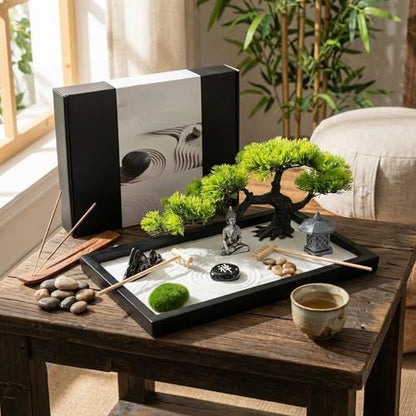 Zen Garden for Desk,Mini Oriental Antique Stone Sculpture Sand Tray, Desktop Zen Garden Kit for Adults, Meditation & Zen Decor, Unique Stress Relief Gift.