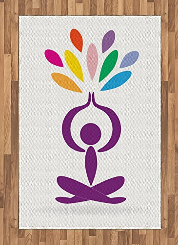 Lunarable Yoga Area Rug, Meditation and Wellbeing Concept Man in Lotus Pose with Rainbow Colored Drop Shapes, Flat Woven Accent Rug for Living Room Bedroom Dining Room, 4' X 5' 7", Multicolor