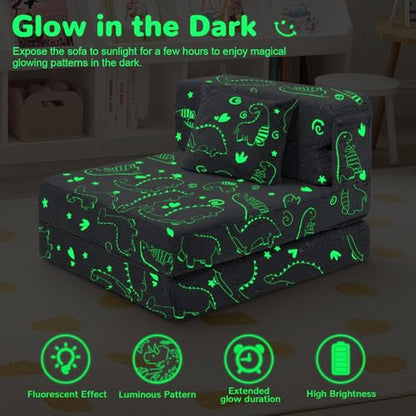 MeMoreCool Kids Floor Mattress Glow in The Dark, Convertible Sofa Couch, Folding Futon Chair Bed for Kids Playroom (Glowing Dinosaur) - color: Dinosaur