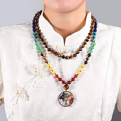 Bivei 108 Mala Beads Necklace Life Tree 7 Chakra Wrap Bracelet Real Healing Gemstone Yoga Meditation Hand Knotted Mala Prayer Bead Necklace - color: Tiger Eye Stone, size: 8mm
