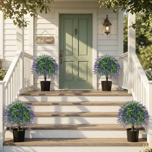 2 Pcs Artificial Lavender Topiary Ball Trees Potted Plants, UV Resistant Fake Lavender Topiary Plant Purple Trees for Garden, Front Door Porch and Outdoor Decor (Purple, M)