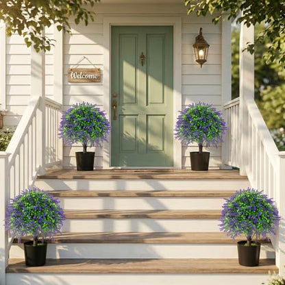 2 Pcs Artificial Lavender Topiary Ball Trees Potted Plants, UV Resistant Fake Lavender Topiary Plant Purple Trees for Garden, Front Door Porch and Outdoor Decor (Purple, M)