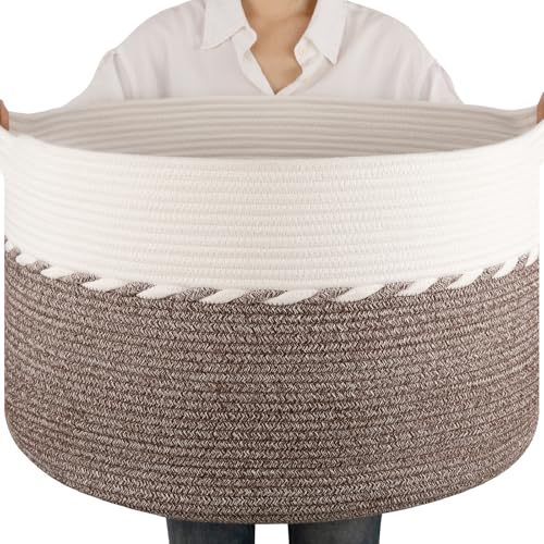 OIAHOMY 90L Extra Large Blanket Basket - Decorative Cotton Rope Storage Basket for Bedroom, Living Room & Nursery - Woven Laundry Hamper for Organizing Blankets, Clothes & Toys - Brown & White - color: Brown & White, size: 23" x 23" x 13"