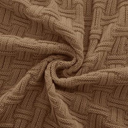 RUDONG M Light Brown Cotton Cable Knit Throw Blanket, Cozy Warm Knitted Couch Cover Blankets, 60 x 80 Inch - color: Light Brown, size: Twin(60" x 80")