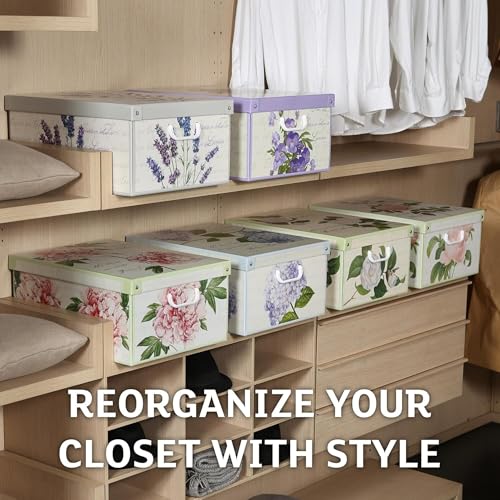 Lavatelli: Storage Box 6 Pack: Large - Flower Mix - Lid & Handles, Decorative Cardboard Organizer, Stack-Fold, Home-Clothes-Linens, 19.7 x 15.4 x 9.4