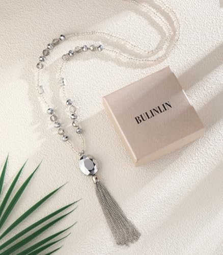 BULINLIN Boho Beaded Long Necklaces for Women Chunky Bead Pendant Necklace with Crystal Tassel Costume Jewelry Gifts for Her - color: Silver