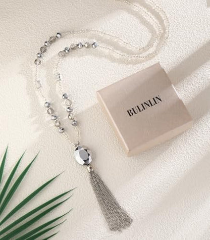 BULINLIN Boho Beaded Long Necklaces for Women Chunky Bead Pendant Necklace with Crystal Tassel Costume Jewelry Gifts for Her - color: Silver