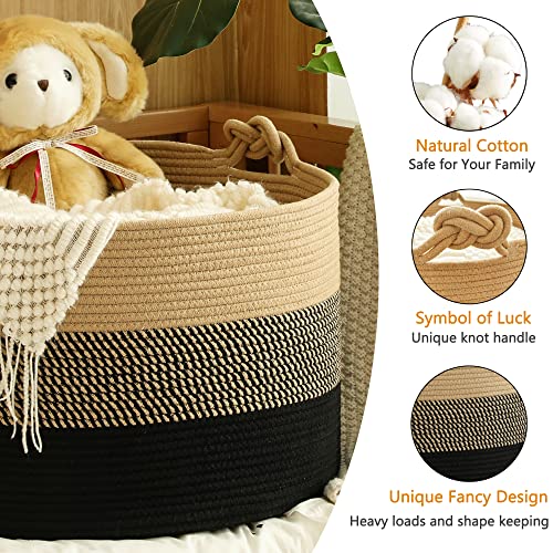 KAKAMAY Large Blanket Basket (20"x13"),Woven Rope Baskets for storage Baby Laundry Hamper, Cotton Rope Blanket Basket for Living Room, Laundry, Nursery, Pillows,Baby Toy chest (Jute/Black) - color: Black