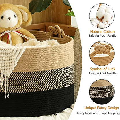 KAKAMAY Large Blanket Basket (20"x13"),Woven Rope Baskets for storage Baby Laundry Hamper, Cotton Rope Blanket Basket for Living Room, Laundry, Nursery, Pillows,Baby Toy chest (Jute/Black) - color: Black