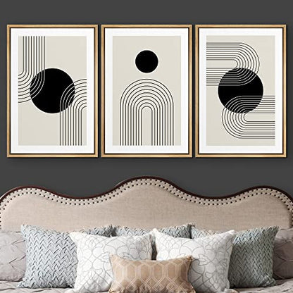 wall26 Framed Wall Art Print Set Boho Black Dots with Swirling Line Art Abstract Patterns Digital Art Modern Art Bohemian Chic Relax/Calm for Living Room, Bedroom, Office - 16"x24"x3 Natural - color: B124-2111-yui53, size: 16" x 24" x 3 Panels NATURAL