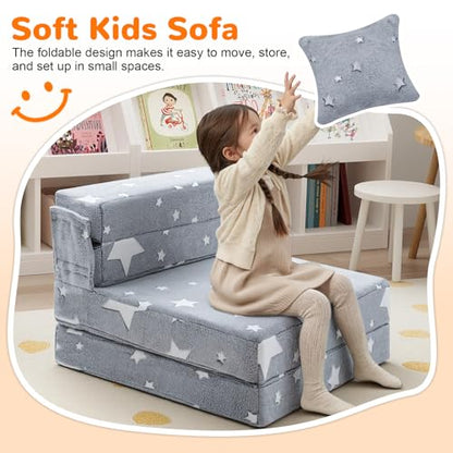 MeMoreCool Kids Tri-Fold Sofa Bed – Glow Star Floor Mattress & Foldable Futon Chair Convertible Toddler Couch | Soft Plush Lounge Mat | Playroom Furniture | Includes Pillow - color: Star