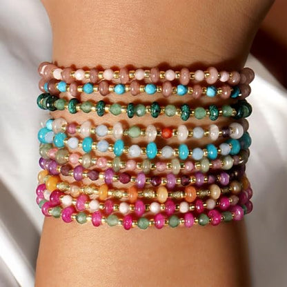 Gold Beaded Gemstone Bracelets for Women, Boho Handmade Stackable Natural Stone Labradorite Beads Bracelet Prom Jewelry Gift. - color: Beige Tan