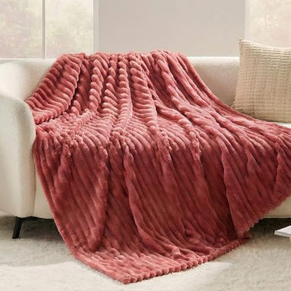 Rose Red Striped Throw Blanket, 330GSM Soft Plush Fleece Blanket for Couch Sofa Bed, Decorative Cozy Giftable Home Blanket, 50x60 Inches
