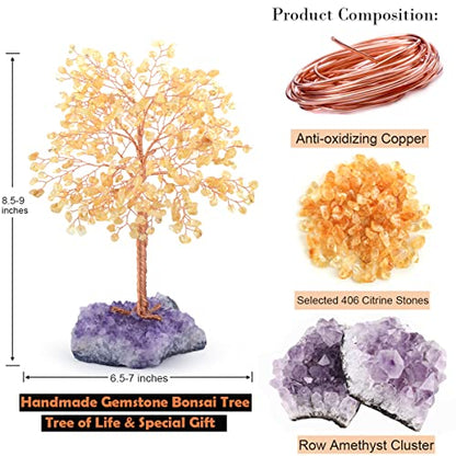 Gemstone Crystal Tree of Life,Natural Citrine(406 Stones Count) with Amethyst Cluster Base,Chakra Healing Crystals Positive Energy Fengshui Bonsai Money Tree Gift 8.5"-9"