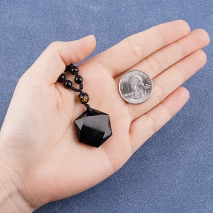 Black Obsidian Necklace Protection Pendant with Extended Bead Chain Healing Crystal Stone Amulet Necklace for Men Women - color: Hexagram