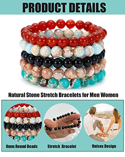 BOMAIL 5PCS Semi-Precious Gemstone Bracelet - Healing Crystal Stone Beaded Bracelets for Women Men 8mm Round Beaded Stretch Bracelets Unisex Yoga Bracelets