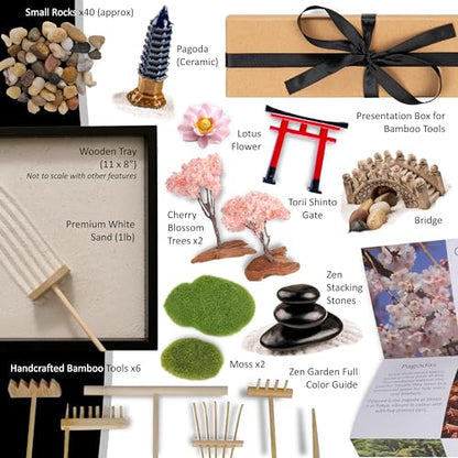 Zen Garden Kit 11x8in. Beautiful Japanese Decor Mini Rock Feature Gift Set for Home, Office Desk. Zen Sand Garden, 6 Tools, 15 Accessories. Sand Tray Therapy Desktop Meditation Room