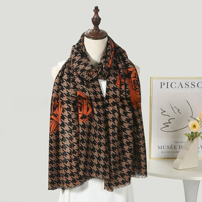 Cashmere-soft Mercerized wool Shawl Pashmina Lightweight Travel Wrap & Evening Scarf |Office |Wedding - color: Thousand Bird Check + Peony Dark Brown