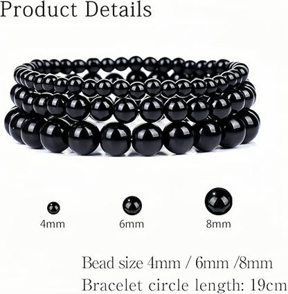 3Pcs Healing Crystal Turquoise Bracelets for Women Men 8mm 6mm 4mm Natural Stone Beaded Stretch Bracelet Jewelry Gifts for Women Girl - color: T2-Black Onyx