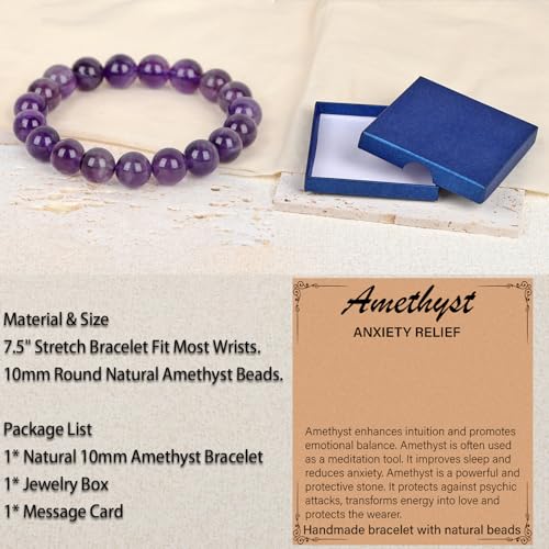 LPBeads Handmade Natural Gemstone Stretch Elastic Bracelet Healing Crystal Round Stone Beads Jewelry Gifts for Women Men - color: Amethyst, size: 10mm