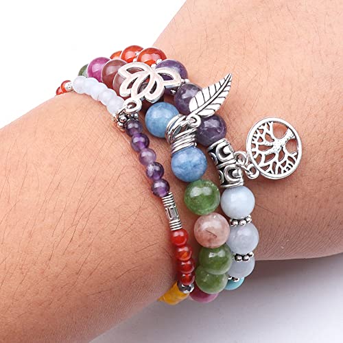 Tree of Life Yoga Healing Stone Bracelets,Multilayer Lotus Chakra Stone Reiki Bracelet Sets,Anxiety Crystal Natural Stone,for Women Stress Relief - style: Chakra+colorful tourmaline
