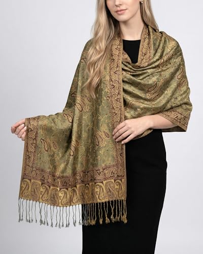 Achillea Reversible Paisley Pashmina Rave Scarf – Exotic Indian Shawls and Wraps for Evening Dresses, Festivals, All Seasons - color: Sage Green