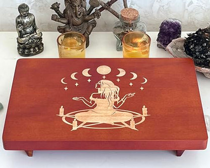 Altar Table, Meditation Table, Small Altar Table, Wooden Witch Altar, Wiccan Alter Table, Buddhist Shrine, Engraved Witch Pentacle with Surrounding Candles on Table Top, 12 × 8 inches - color: Pentacle Witch