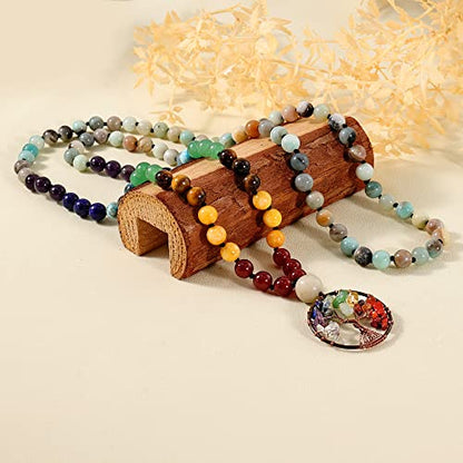 Bivei 108 Mala Beads Necklace Life Tree 7 Chakra Wrap Bracelet Real Healing Gemstone Yoga Meditation Hand Knotted Mala Prayer Bead Necklace - color: Amazonite, size: 8mm