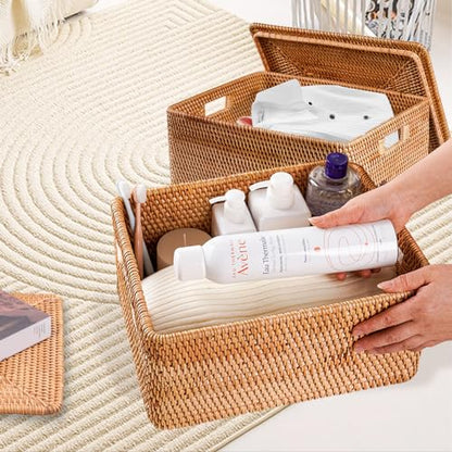 Rattan Basket With Lid, Large Lidded Basket For Storage(11.81" L×7.87"W×5.91"H) - size: 11.81" ×7.87"×5.91"