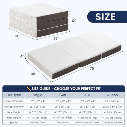 Hanherry 4 Inch Foldable Mattress Twin Size, Tri-Folding Portable Memory Foam Topper Floor Bed with Storage Bag, Washable Cover for Travel, Camping, RV, Guest - size: Twin (75 × 38 inch)