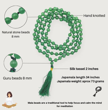 GEMSCITE Japa Mala 108 Prayer Beads Perfect for Meditation Spiritual Mala Necklace & Wrist Mala Bracelet - color: Green Aventurine, size: Hand Knotted