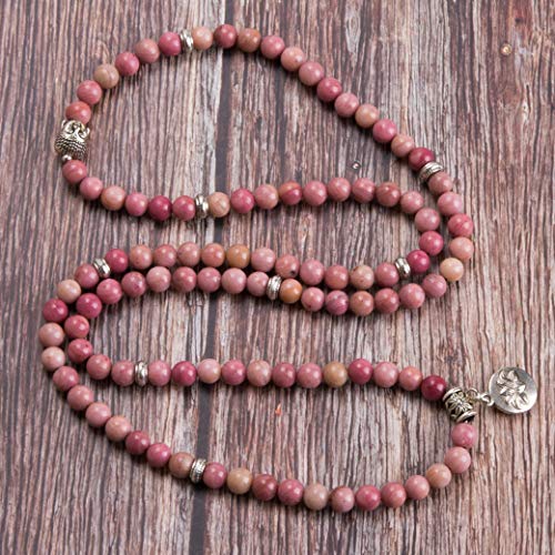 Bivei 108 Mala Beads Necklace Long Beaded Wrap Bracelets Genuine Gemstone Mala Prayer Beads Lotus Buddha Charm Yoga Meditation Necklace - color: Rhodochrosite-Lotus OM-Buddha