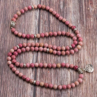 Bivei 108 Mala Beads Necklace Long Beaded Wrap Bracelets Genuine Gemstone Mala Prayer Beads Lotus Buddha Charm Yoga Meditation Necklace - color: Rhodochrosite-Lotus OM-Buddha