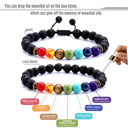 Men Women 8mm Lava Rock Beads Chakra Bracelet Braided Rope Natural Stone Yoga Bracelet Bangle - color: 2 Pcs Set-21004